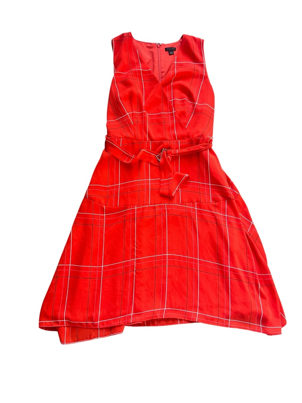 Ann Taylor Red Plaid Midi Dress with Self Tie Belt